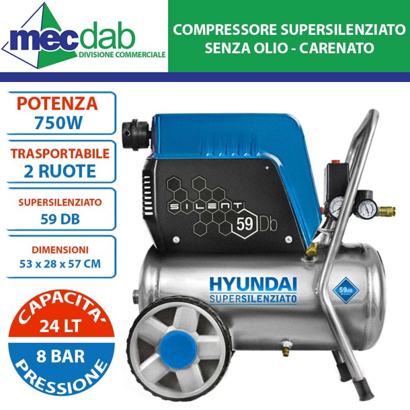 Compressore Supersilenziato Carenato 750W 1HP 24 LT 8 BAR Hyundai 65710