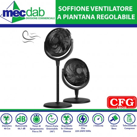 Ventilatore a Piantana Regolabile in 3 in Altezza 75 cm, 100 Cm, 130 Cm 55W Soffione CFG | Mec.Dab SRL | CFG