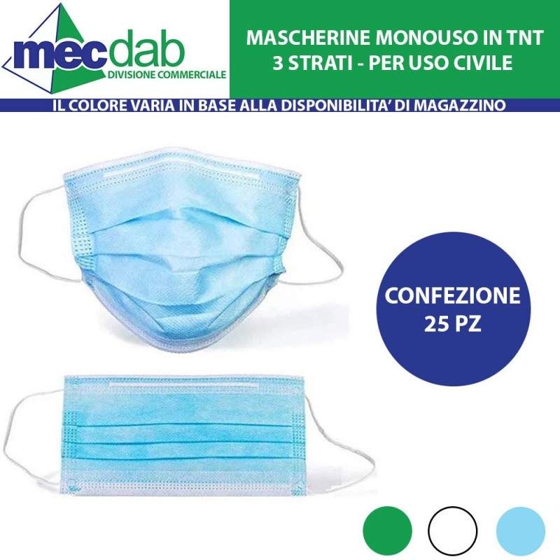 Mascherine Monouso in TNT Per Uso Civile Kit 25 Pz | Mec.Dab SRL | Generica - Senza MarcaMonouso e Imballaggio |