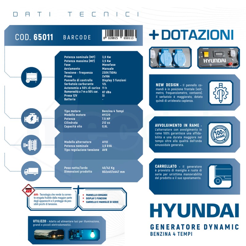 Generatore Elettrico Monofase a Benzina Carrellato 3.5 kW 230V Motore 4 Tempi 7.5HP Hyundai PT3000|Hyundai