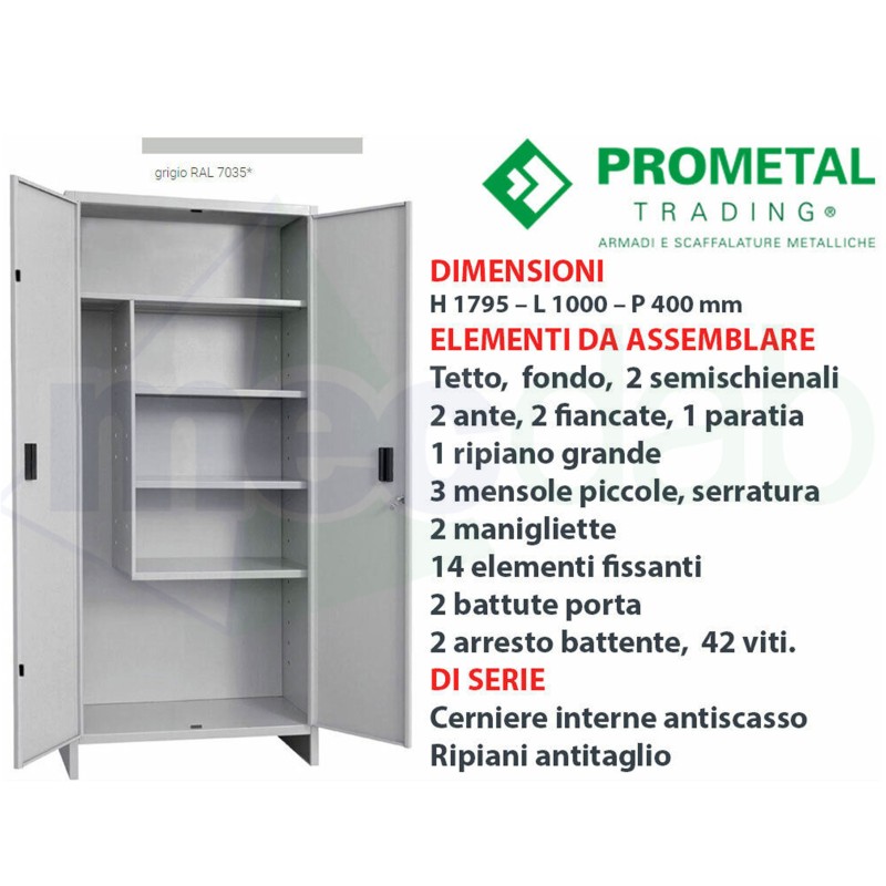 Armadio Portascope In Metallo Grigio Antiscasso 100 x 40 x H179,5 Cm Prometal|255,00 €