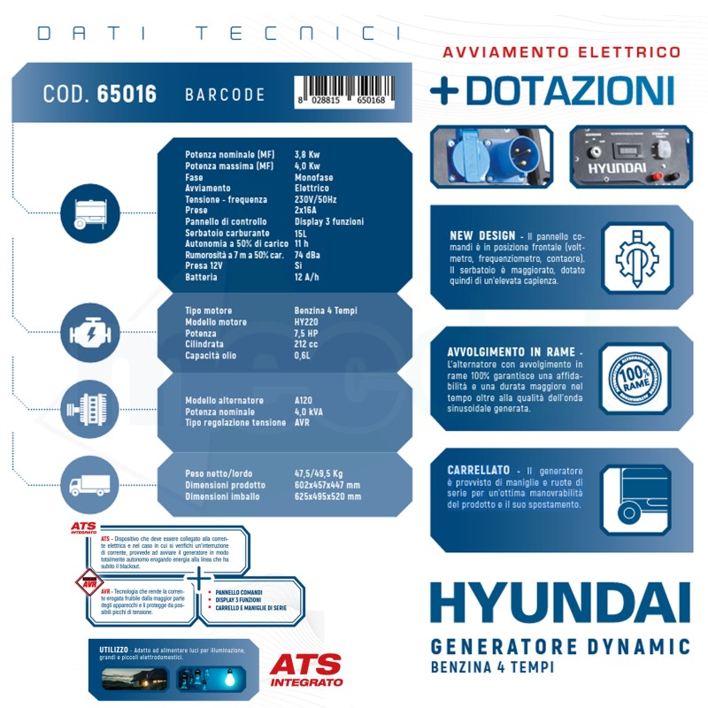 Generatore Elettrico Carrellato 4 Tempi 7,5 HP 4 kW Hyundai 65018|Hyundai