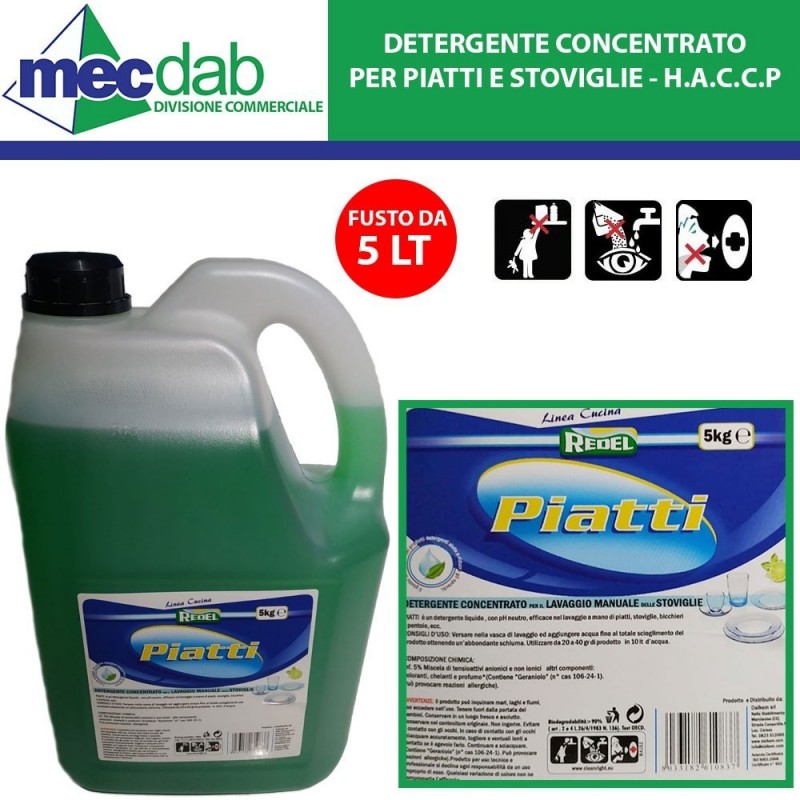 Detergente Lavapiatti Concentrato 5 LT Redel PH Neutro - HACCP | Mec.Dab SRL | RedelCasa, Arredamento & Bricolage |8033182610837
