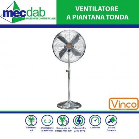 Ventilatore a Piantana Tonda 50 W Altezza Max 130 Cm   Diametro 40 Cm  FS40M Vinco