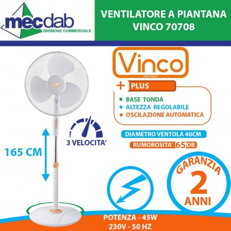 Ventilatore a Piantana Tonda 50 W  Regolabile in Altezza Max 130 Cm   Diametro 40 Cm  Vinco 70701 | Mec.Dab SRL | Vinco