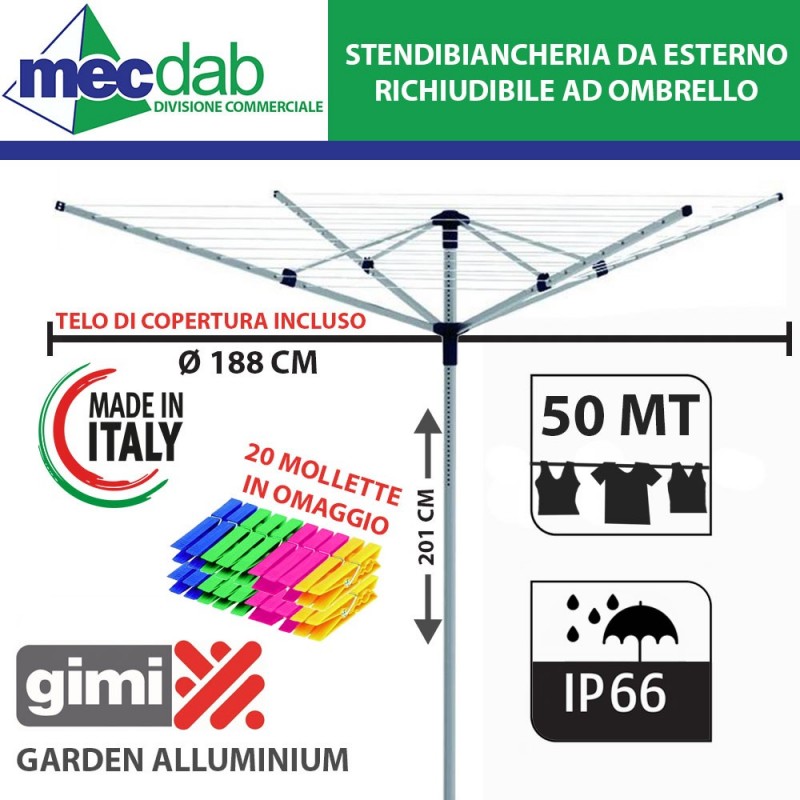 Stendibiancheria da Giardino ad Ombrello in Alluminio 50 MT Telo Incluso Gimi | Mec.Dab SRL | Gimi
