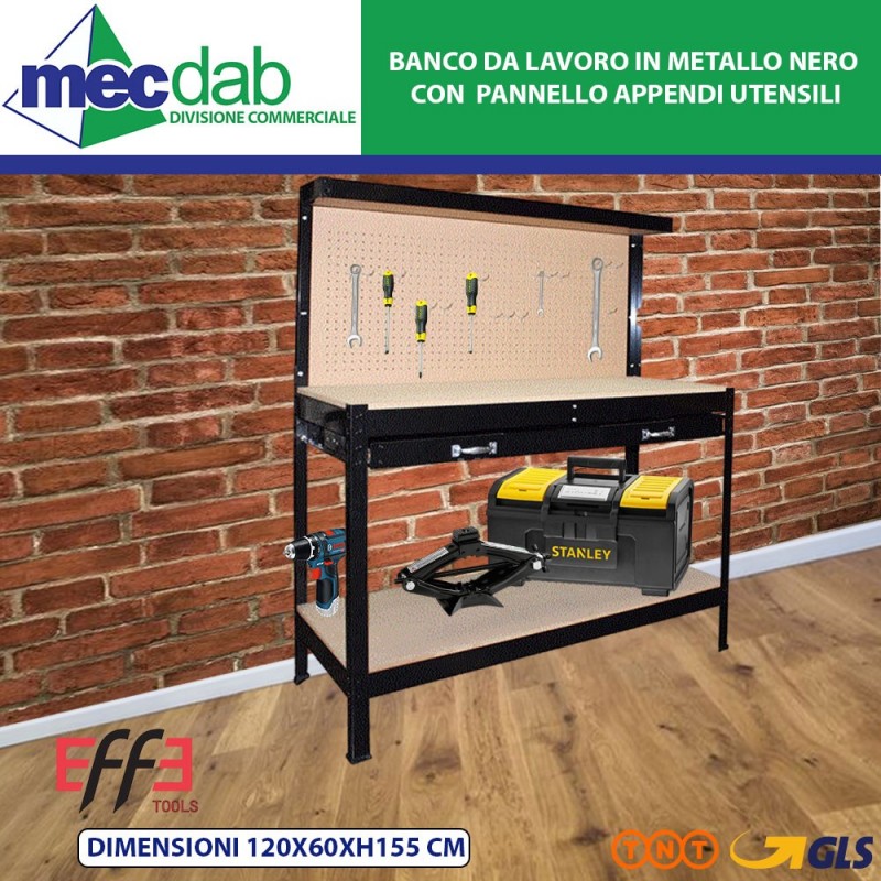 Banco Da Lavoro Nn Metallo Nero Con Pannello Appendi Utensili 120x60xH155 CM | Mec.Dab SRL | Generica - Senza Marca