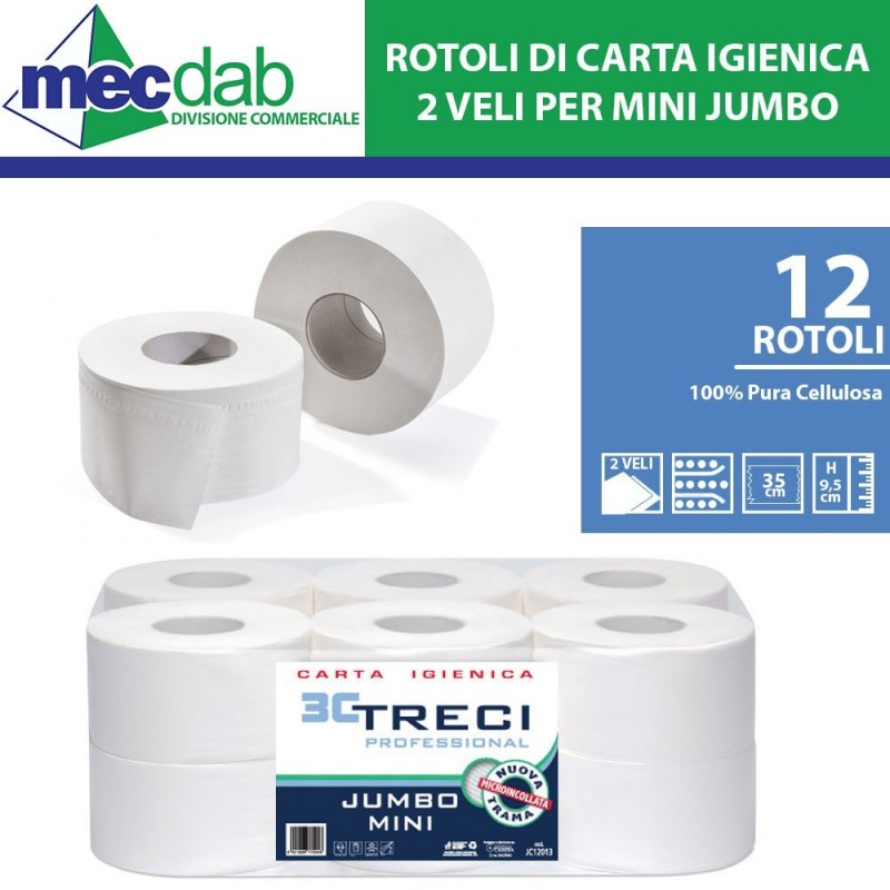 Carta Igienica Per Dispenser Mini Jumbo 2 Veli Pura Cellulosa Confezione 12 Rotoli Ø 20 Cm x 9,5 Cm | Mec.Dab SRL | DAMARILA