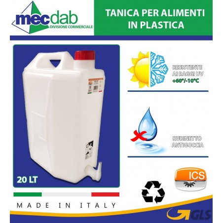 Tanica per Alimenti in Plastica 20 LT con Rubinetto Antigoccia Made in Italy I.C.S.