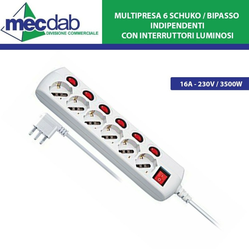 Multipresa 6 Posti 16A - 3500W 1,5 MT - 6 Schuko / Bipasso Indipendenti con Interruttori Luminosi | Mec.Dab SRL | Generica - Senza MarcaCasa, Arredamento & Bricolage |8026381802417
