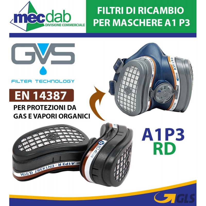 Filtro Di Ricambio Maschere A1 P3 RD Per Gas e Vapori Organici GVS SPR341