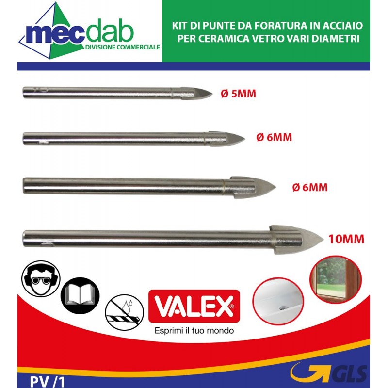 Kit di Punte da Foratura in Acciaio per Ceramica Vetro e Metalli Vari Diametri Valex