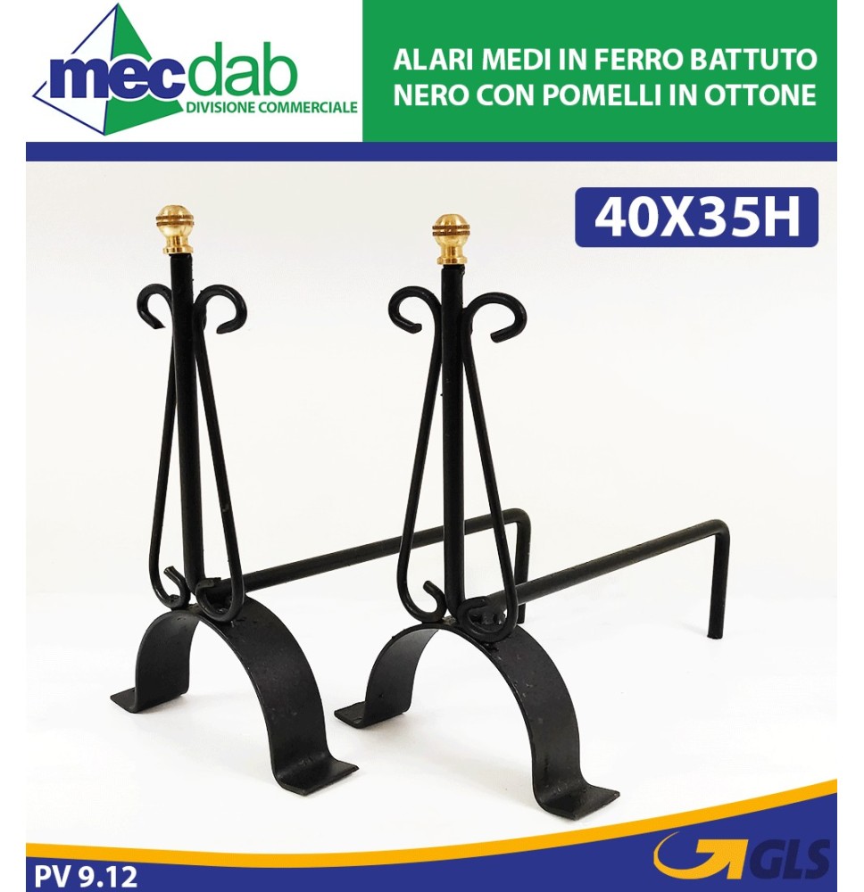 Alari Medi in Ferro Battuto Cm 40x35h Nero con Pomelli in Ottone|19,50 €