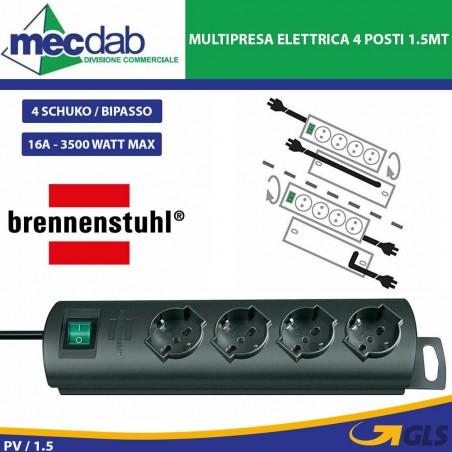 Ciabatta Multipresa Elettrica 4 Posti 1.5 Metri 4 Schuko / Bipasso 3500W Max | Mec.Dab SRL | BrennenstuhlCasa, Arredamento & Bricolage |4007123184101