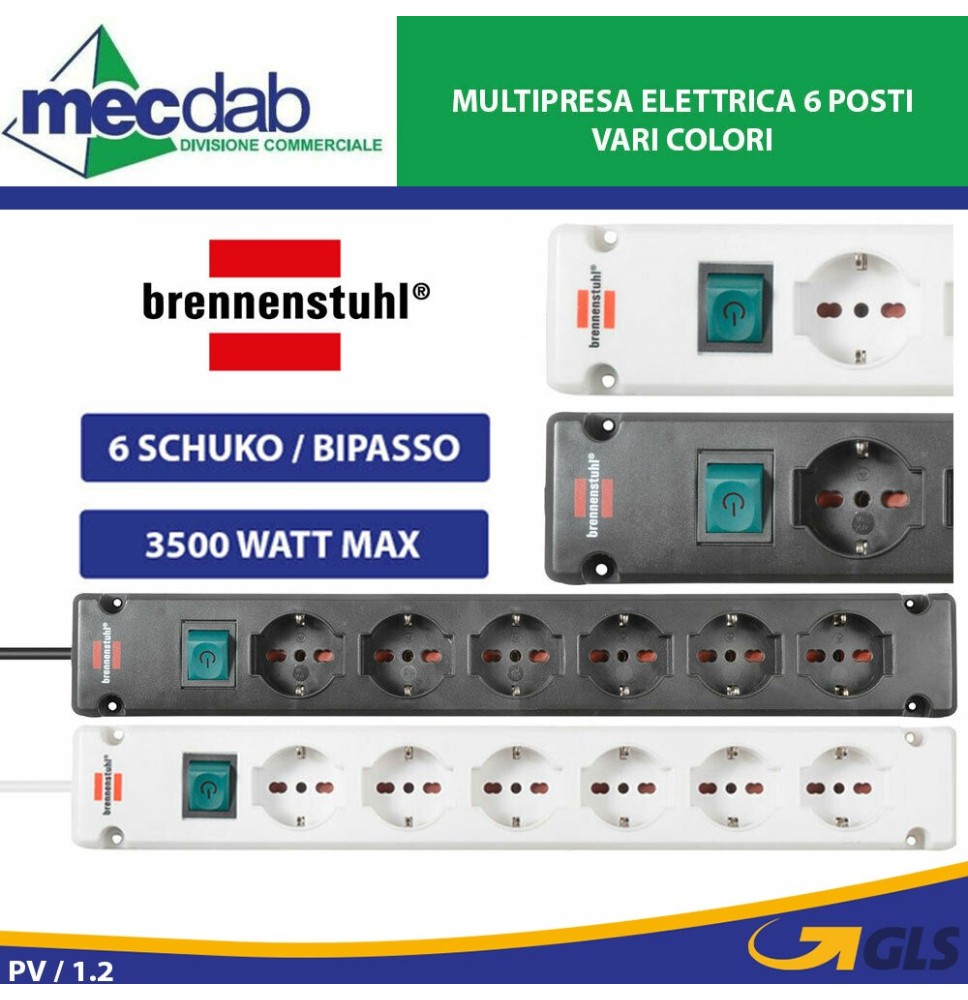 Ciabatta Multipresa Elettrica 6 Posti 3 Metri 6 Schuko / Bipasso 3500W Bremounta|16,90 €