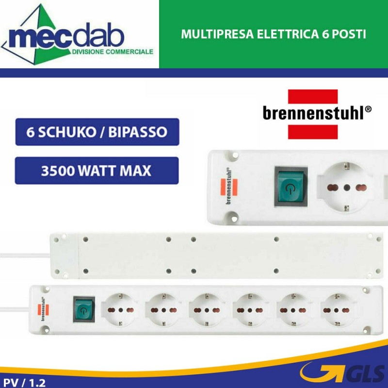 Ciabatta Multipresa Elettrica 6 Posti 3 Metri 6 Schuko / Bipasso 3500W Bremounta