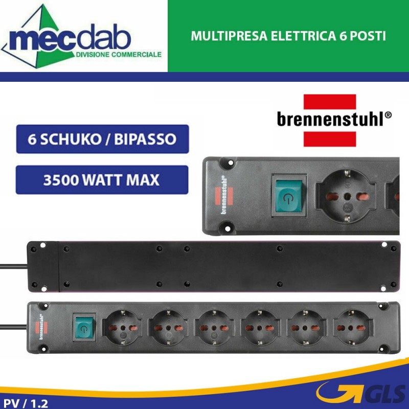 Ciabatta Multipresa Elettrica 6 Posti 3 Metri 6 Schuko / Bipasso 3500W Bremounta