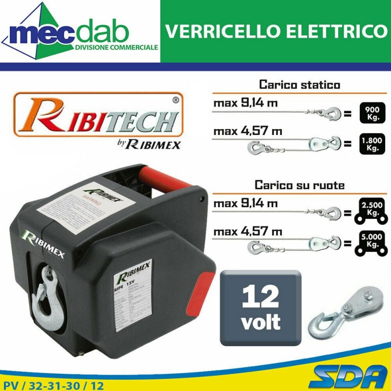 Verricello Elettrico 12V Per Auto Con Interruttore Differenziale Ribitech PE12V