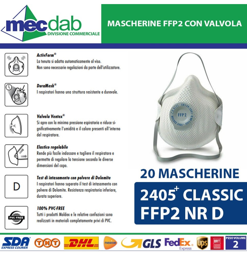 Mascherina Con Valvola FFP2 NR D 20 Pezzi EN149:2001 + A1:2009 Moldex Classic|70,90 €