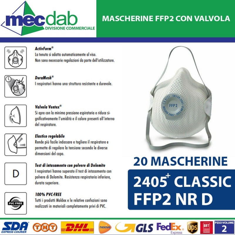 Mascherina Con Valvola FFP2 NR D 20 Pezzi EN149:2001 + A1:2009 Moldex Classic|Generica - Senza Marca