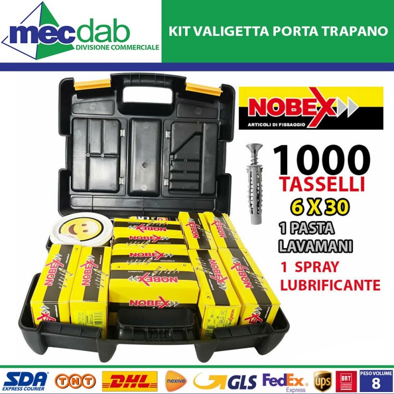 Kit Valigetta Porta Trapano Con 1000 Tasselli in Nylon Pasta Lavamani e Spray Lubrificante Nobex|Nobex
