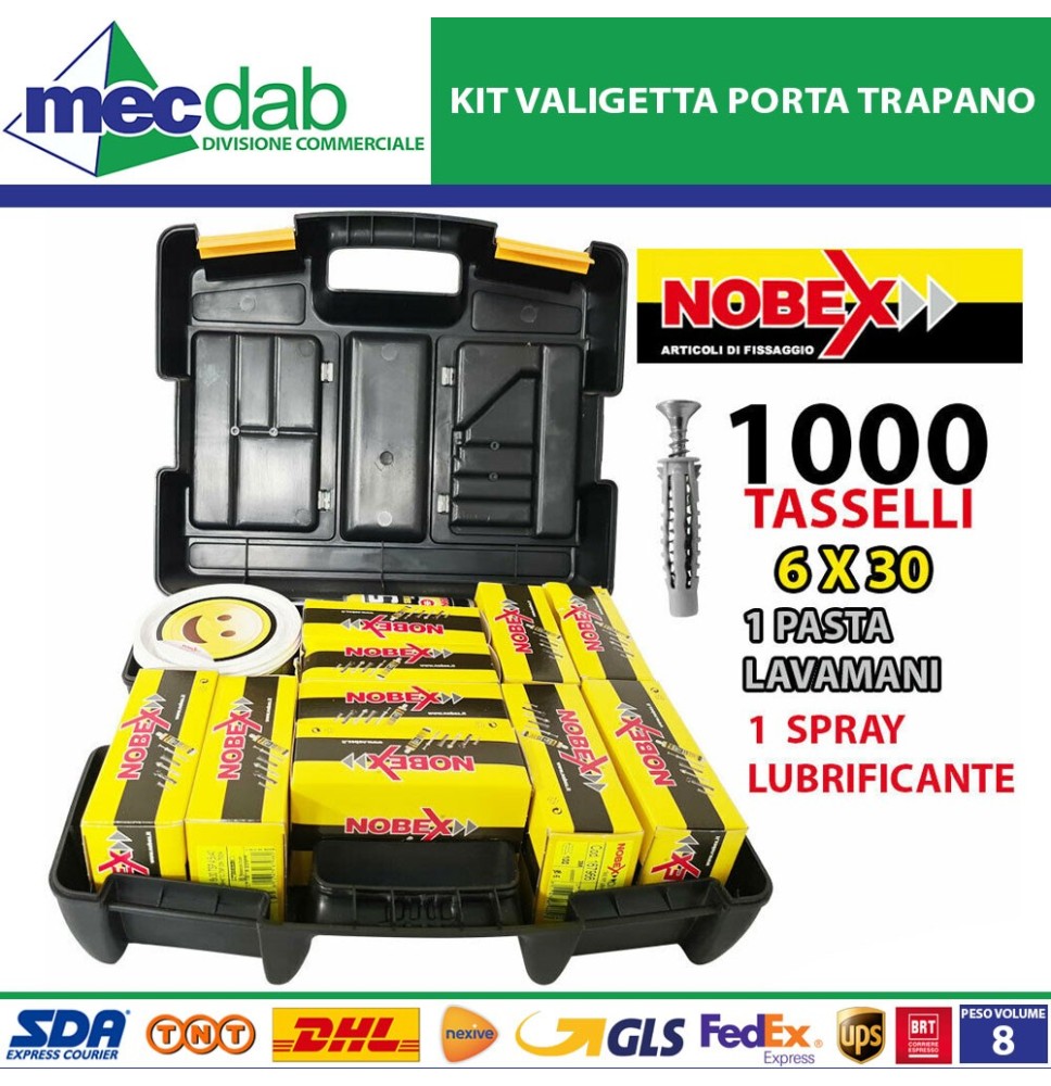 Kit Valigetta Porta Trapano Con 1000 Tasselli in Nylon Pasta Lavamani e Spray Lubrificante Nobex|55,00 €