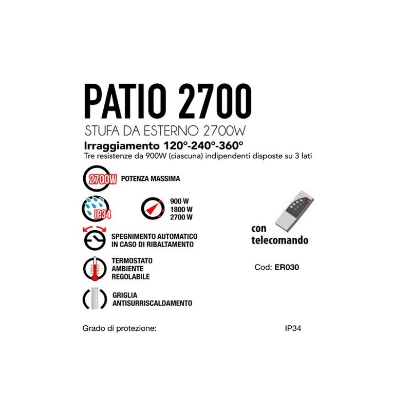 Stufa Elettrica 2700W PATIO 2700 Con Telecomando e Luce LED 360° CFG | Mec.Dab SRL | CFG