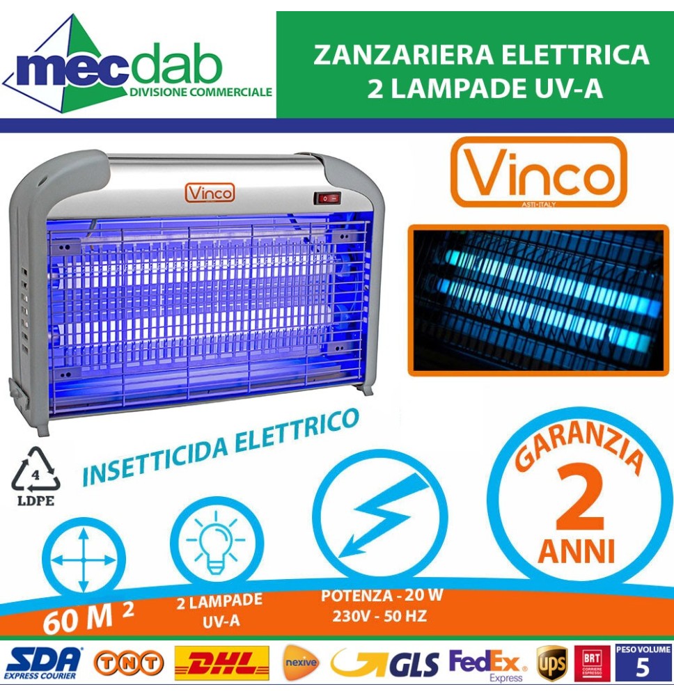 Zanzariera Elettrica 2 Lampade UV-A 20W - 230V Vinco 20250 Insetticida Elettrico|39,00 €
