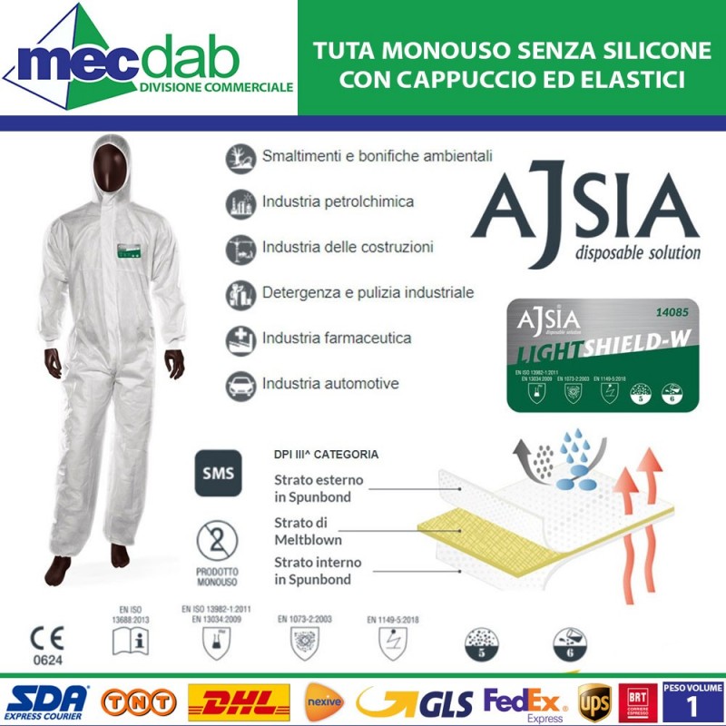 Tuta Monouso In Tessuto SMS Con Cappuccio Protezione Chimica TIPO 5/6 Ajsia Lightshield-W|Ajsia
