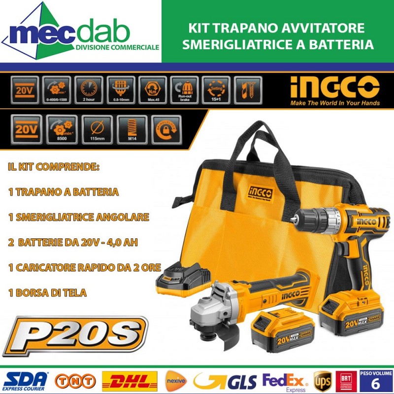 Kit Trapano Avvitatore - Smerigliatrice con 2 Batterie - 20V - 4,0 Ah P20 Ingco|Ingco