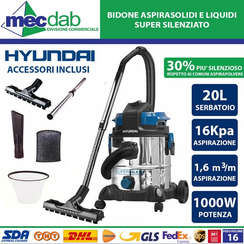 Bidone Aspirasolidi e liquidi 20 Litri Super Silenziato 1000W Hyundai 45025|Hyundai