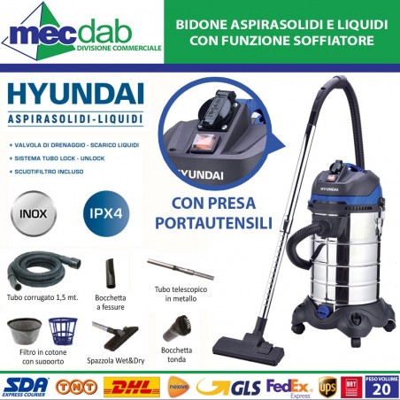 Bidone Aspirasolidi e Liquidi In Acciaio Inox 30L 1200W Hyundai 45031