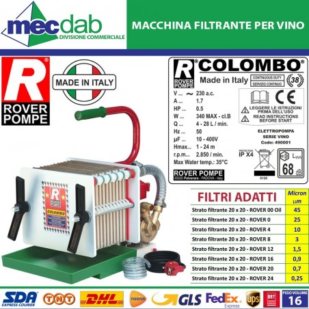 Elettropompa Filtrante Per Vino Filtri 20 x 20 Serie Rover Colombo