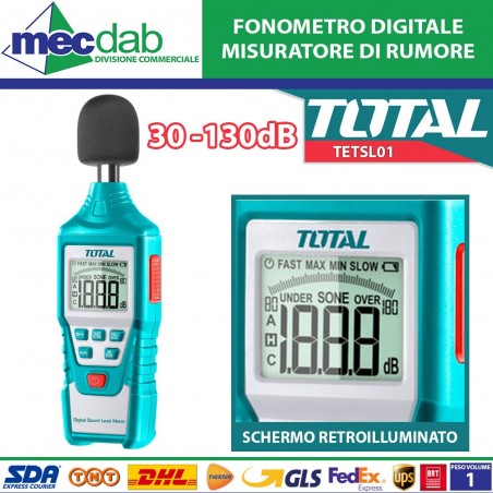 Fonometro Digitale Misuratore di Rumore 30-130 dB Con Display LCD Total TETSL01
