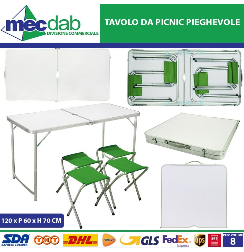 Tavolo Da Picnic Richiudibile a Valigetta Con 4 Sedie 120 x 60 x H 70 Cm|68,00 €