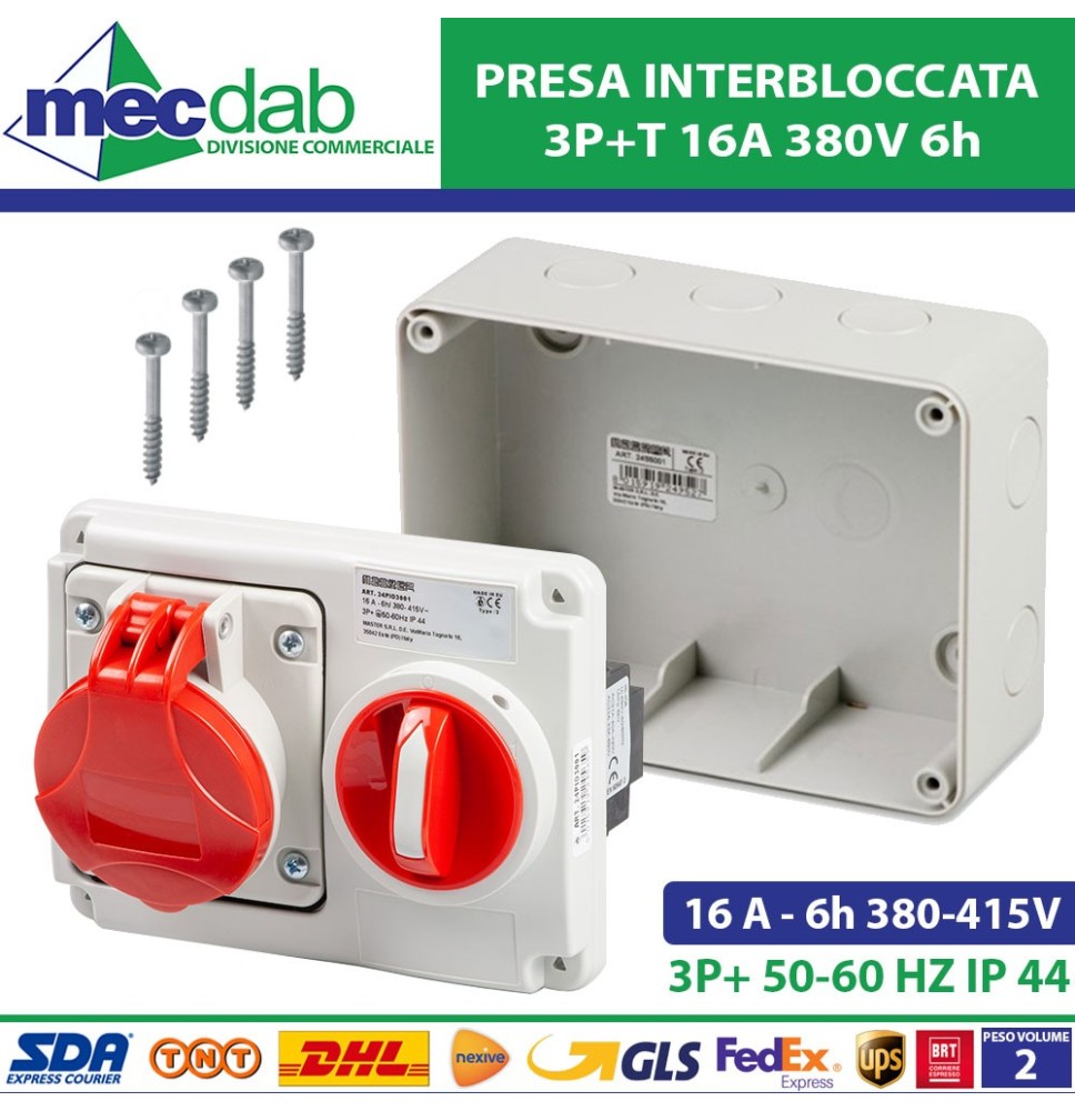 Presa Interbloccata 3P+T 16A 380V 6h ROSSA IP44 Con Fondo Master|38,00 €