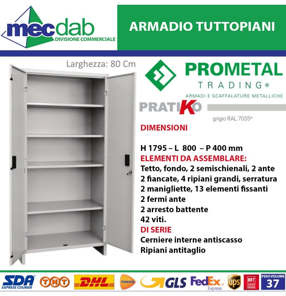 Armadio Tuttopiani In Metallo Grigio Antiscasso 80 x 40 x H179,5 Cm Prometal|220,00 €