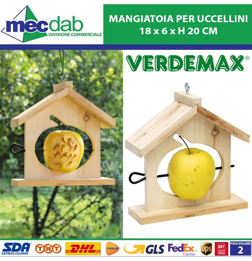 Mangiatoia Per Uccellini In Legno Completa Di Supporto Mela In Ferro 18 x 6 x H 20 Cm Verdemax|6,50 €