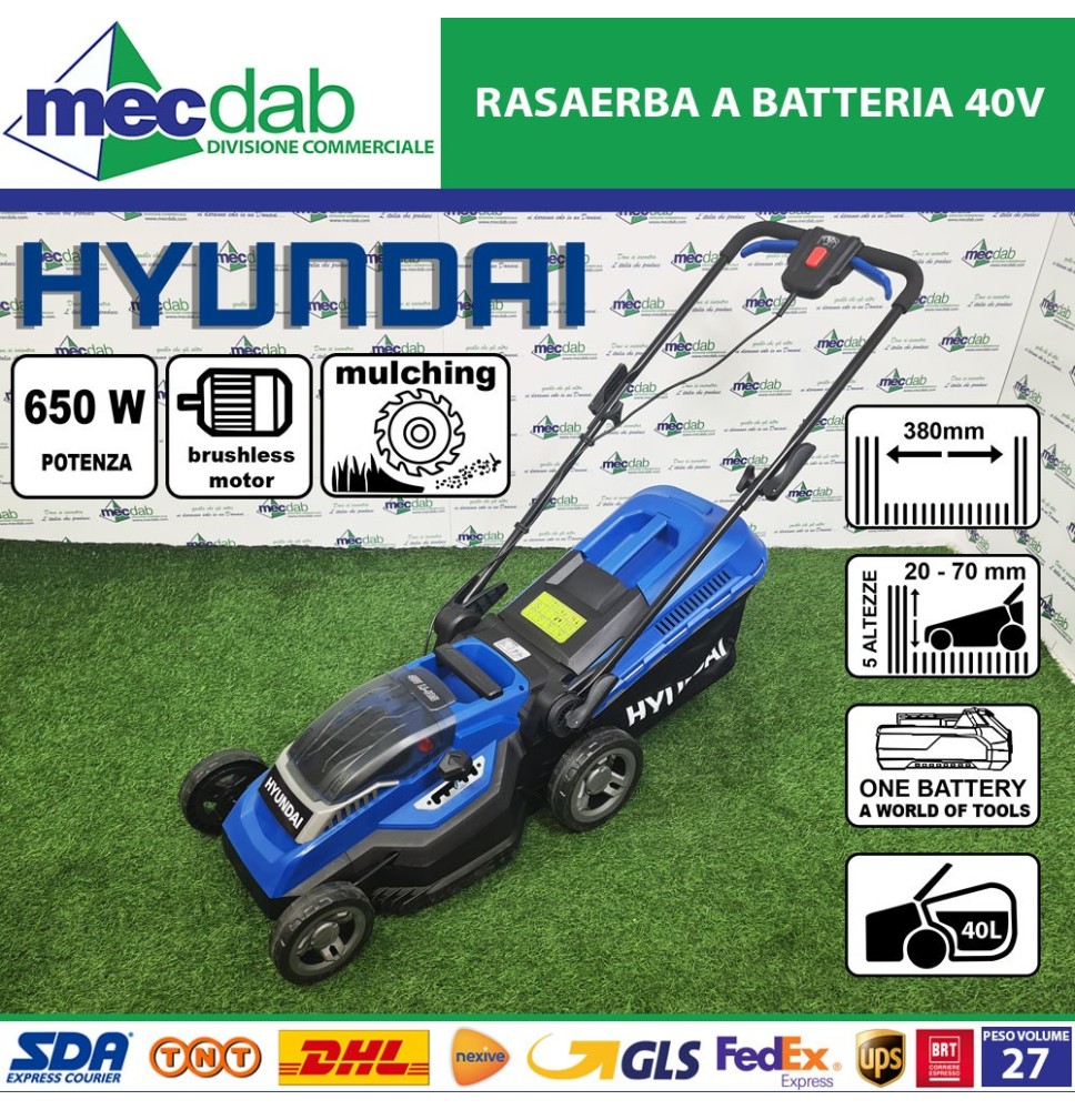 Rasaerba a Batteria 650W 5 Altezze Regolabili Con Raccoglitore 40L Taglio Mulching Hyundai 25610|410,00 €