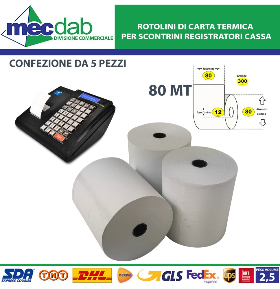Rotolini Di Carta Termica Per Scontrini Registratore Cassa 80x80 Confezione Da 5|9,50 €