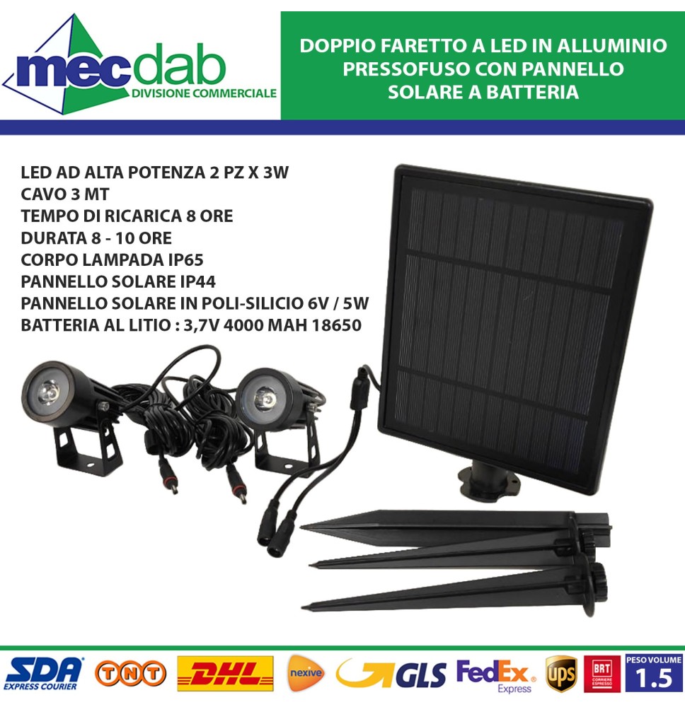 Doppio Faretto A Led In Alluminio Pressofuso Con Pannello Solare A Batteria Li Ion 3,7V|51,00 €