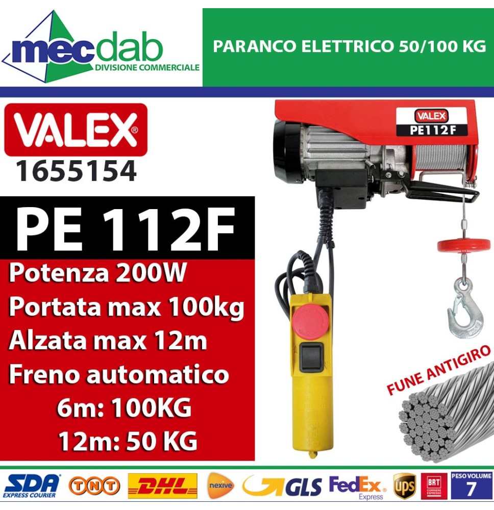 Paranco Montacarichi Elettrico 50/100 Kg 6/12MT 200W Con Fune Antigiro VALEXPE112|136,50 €
