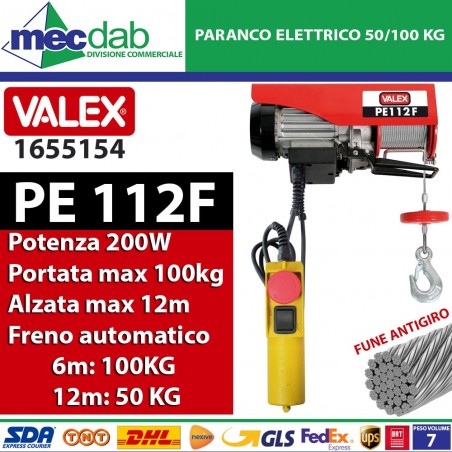 Paranco Montacarichi Elettrico 50/100 Kg 6/12MT 200W Con Fune Antigiro VALEXPE112