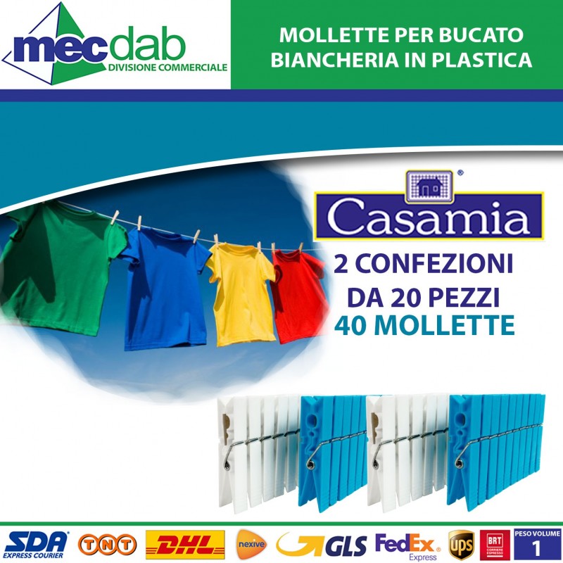 Mollette Per Bucato/Biancheria In Plastica Made In Italy X 2 Conf. Da 20|Generica - Senza Marca