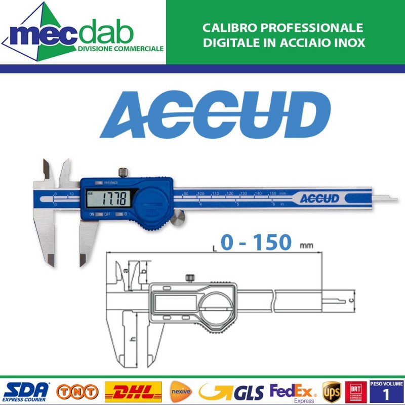 Calibro Professionale Digitale In Acciaio Inox 0 - 150 MM 111-006-12 ACCUD|Generica - Senza Marca