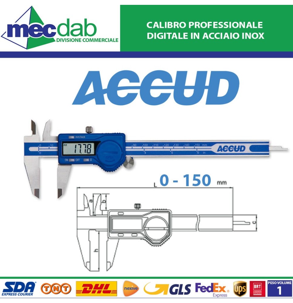 Calibro Professionale Digitale In Acciaio Inox 0 - 150 MM 111-006-12 ACCUD|Generica - Senza Marca