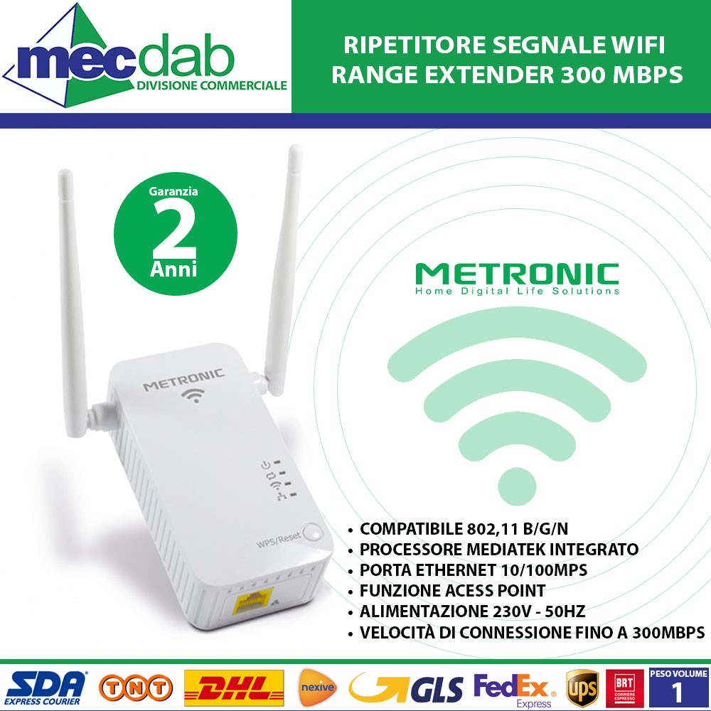 Ripetitore Segnale Wifi Range Extender 300 Mbps 802,11 b/g/n Metronic